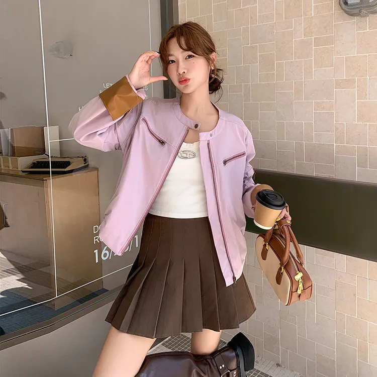 【爆款现货】1C128-A10-秋新气质爆款拼接皮休闲短外套