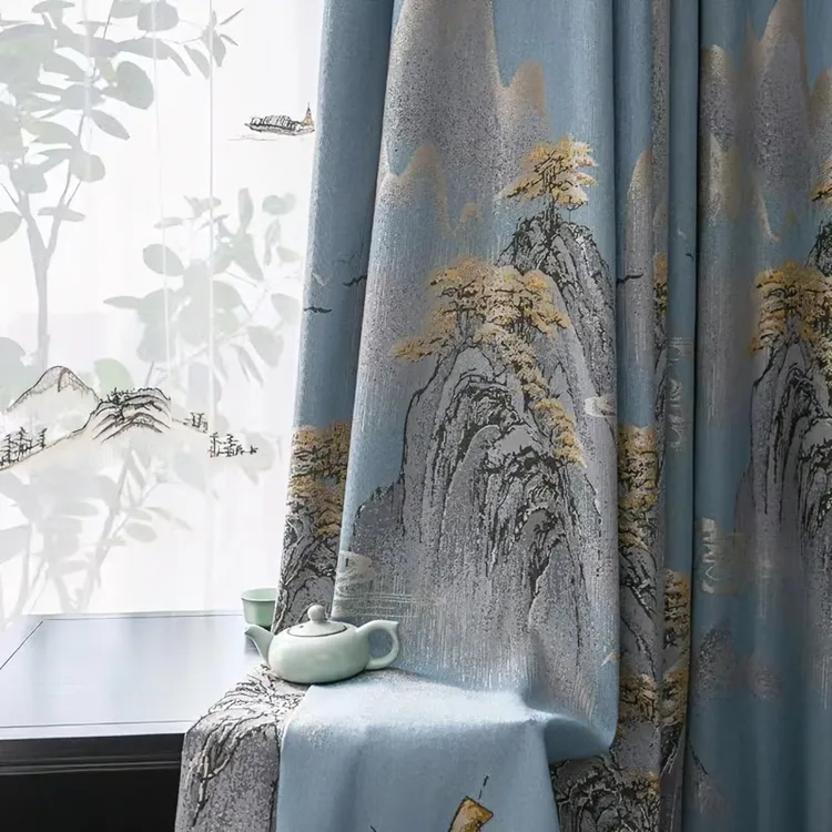 新中式（高山流水）涤纶色织仿棉麻提花遮光成品窗帘蓝色实物宝贝