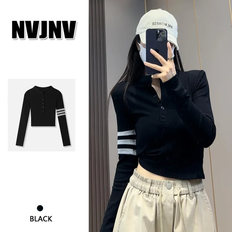 加绒保暖纯欲风辣妹黑色V领长袖T恤女2024早秋修身显瘦打底衫上衣