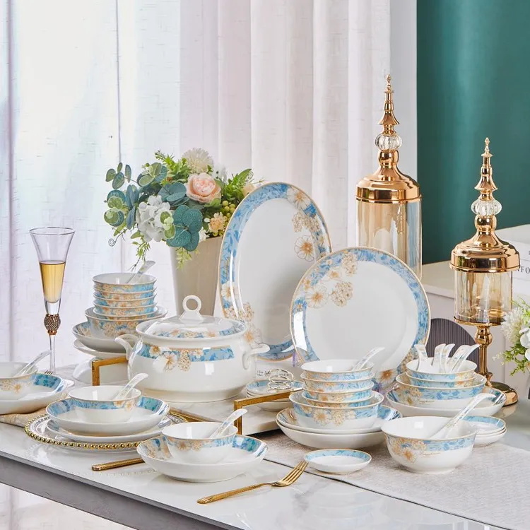 70件百花圣意景德镇家用餐具套装家用碗碟中式餐具乔迁送礼