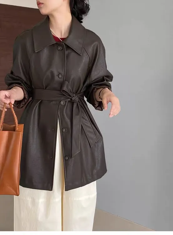 咖色美拉德中款皮衣外套女老钱风掐腰2024春秋欧货爆款机车服夹克