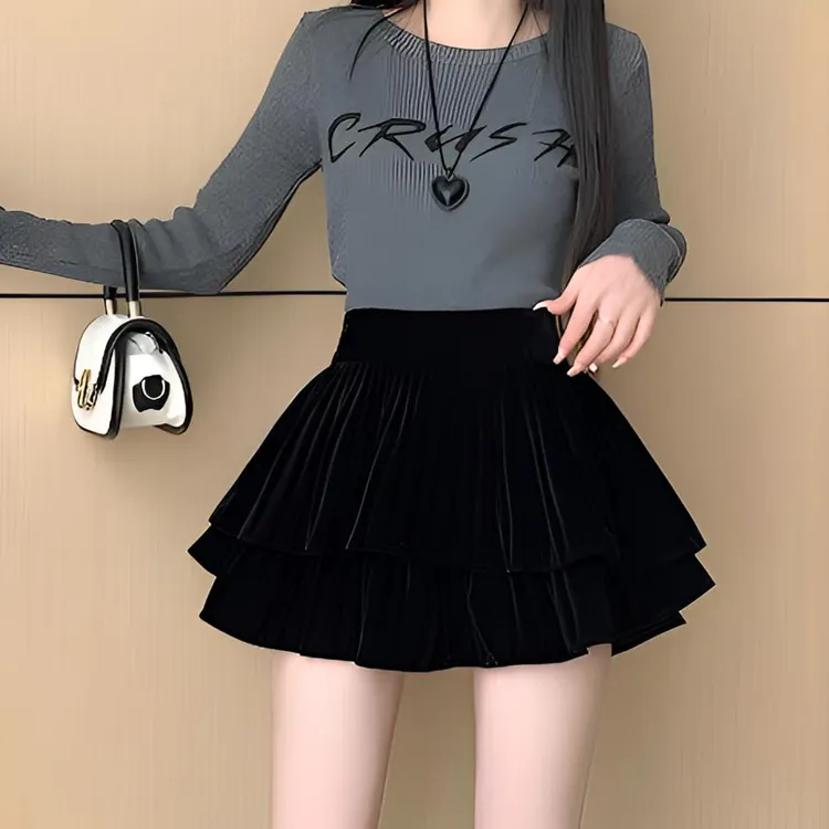 金丝绒蓬蓬蛋糕短裙女2024秋冬黑色甜美高腰遮胯显瘦半身裙小个子