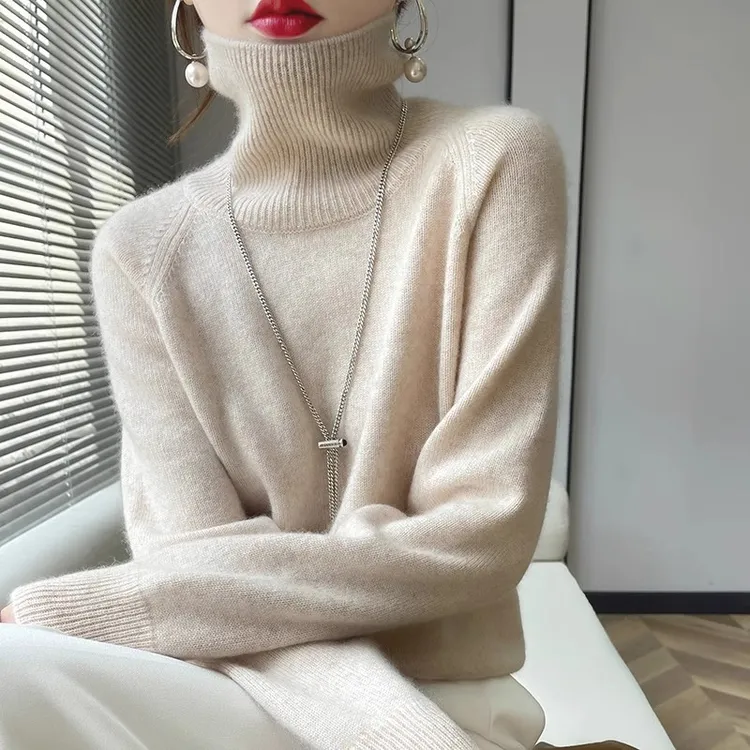 鄂尔多斯市100%纯羊绒衫女士秋冬季高领纯色针织毛衣时尚百搭厚款