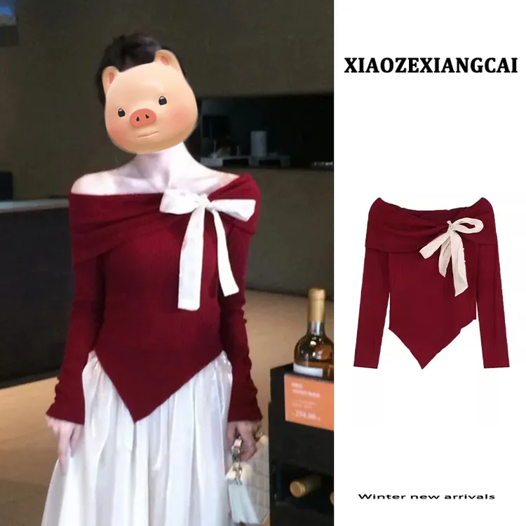 红色一字肩蝴蝶结露肩打底毛衣女2024新款秋冬修身内搭针织衫上衣