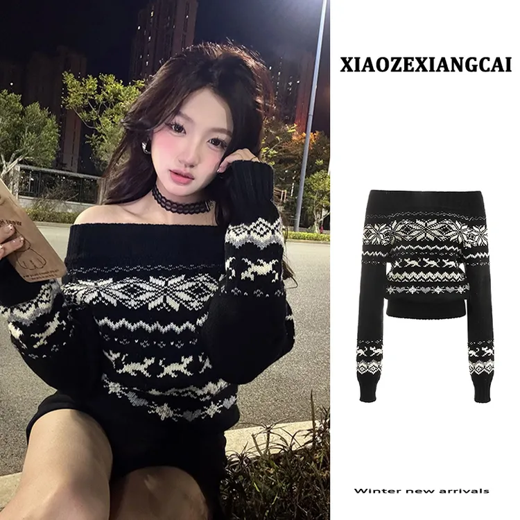 复古费尔岛黑色一字肩毛衣女秋冬季加厚宽松慵懒风露肩针织衫上衣