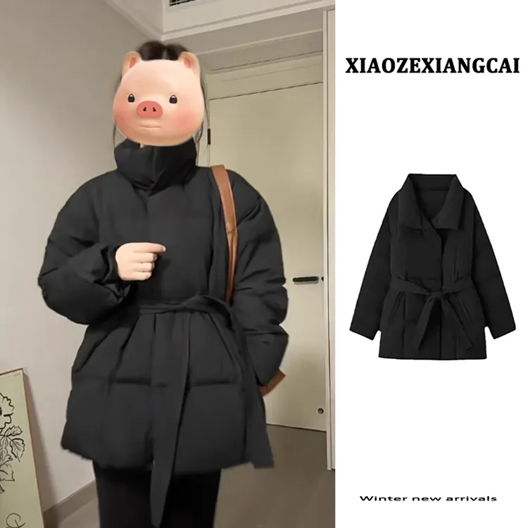 小个子黑色收腰系带棉服女冬季2024年新爆款保暖加厚棉衣棉袄外套