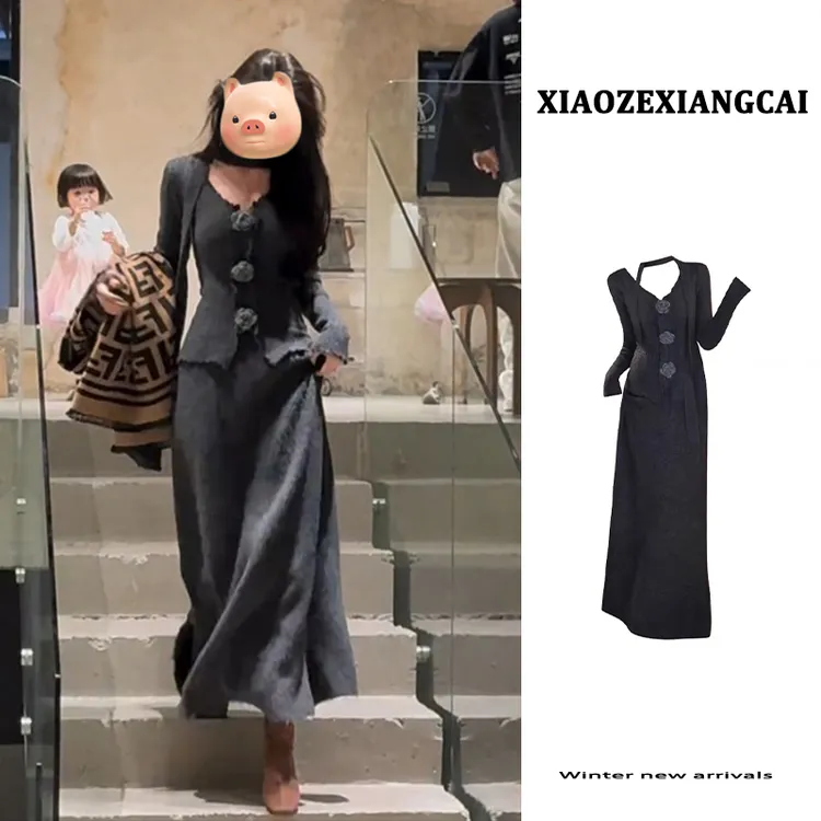 深冬装搭配ootd穿搭一整套小香风灰色立体花朵毛衣半身裙两件套装