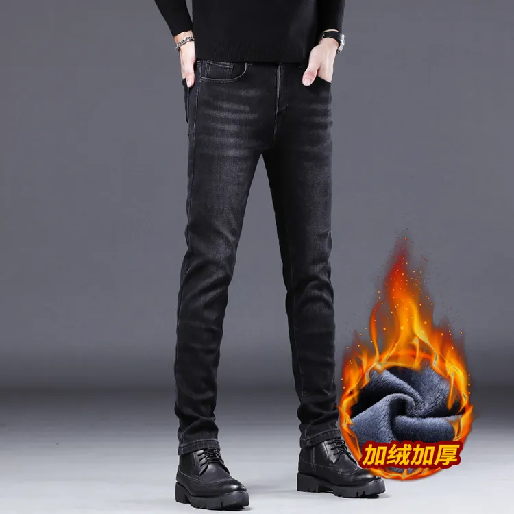 加绒加厚欧货牛仔裤男秋冬款弹力修身小脚男士保暖男休闲裤长裤子