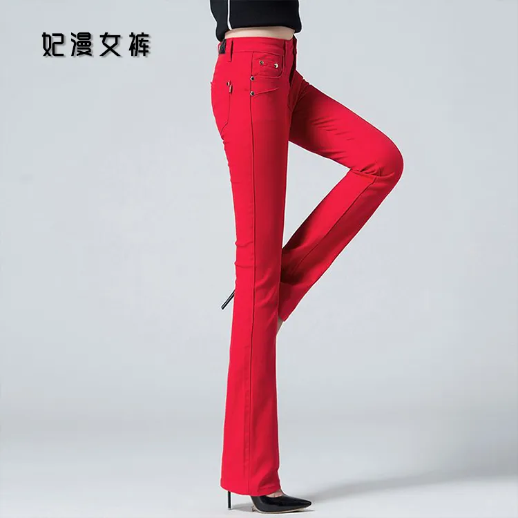 红色微喇牛仔裤女是直筒高腰加绒显瘦大码女款裤子冬季韩版喇叭裤