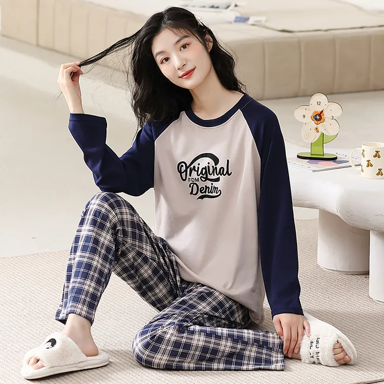 纯棉睡衣女士长袖春秋宽松可外出休闲韩版大码学生秋季家居服套装