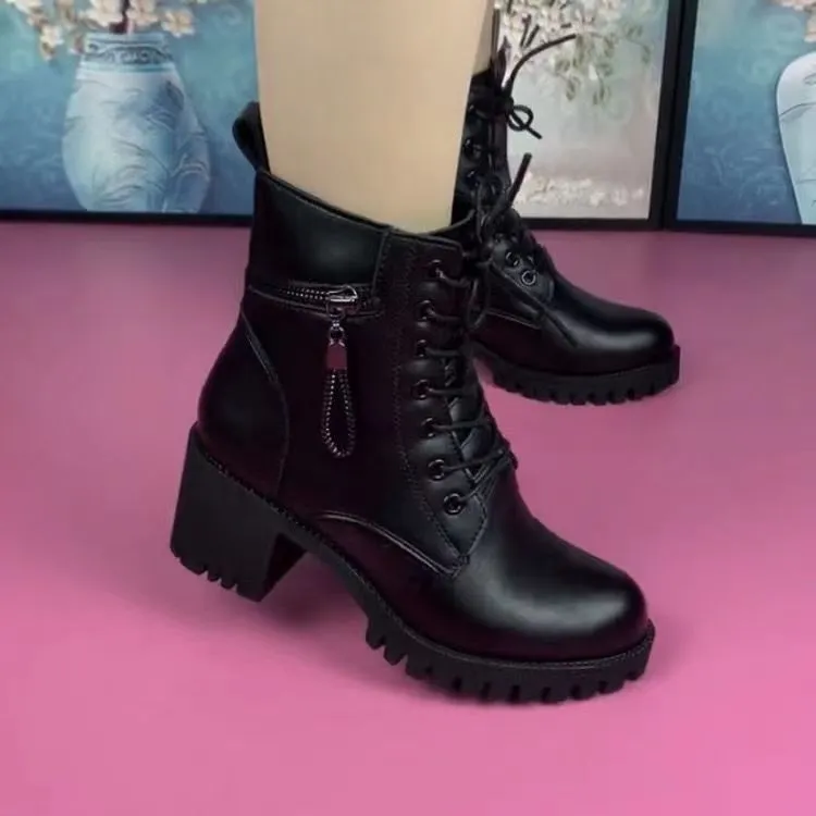 冬加绒粗跟马丁靴女英伦2023短靴时尚百搭加绒厚底女鞋英伦风靴子