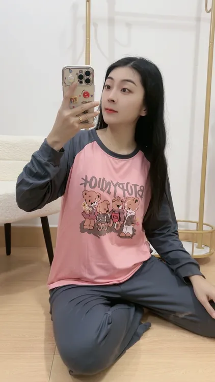 秋季新款睡衣女士带胸垫长袖长裤纯棉透气可外穿休闲运动风家居服