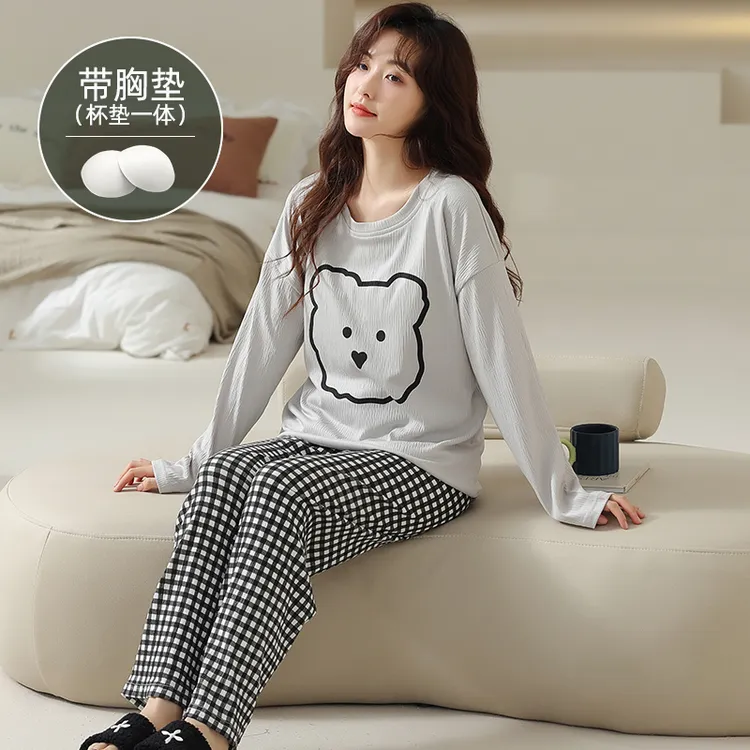 带胸垫长袖套头女宽松春秋季优质棉慵懒风卡通家居服长裤大码套装