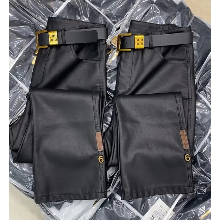 Aimeerosa/艾洛莎休闲裤高腰显瘦九分裤冬季高级时尚百搭微喇皮裤
