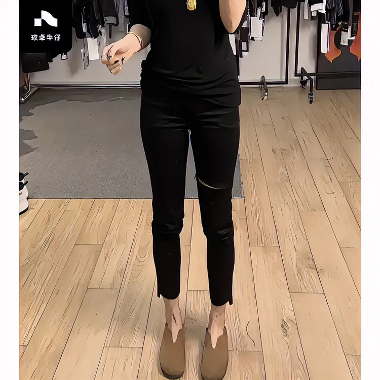 Aimeerosa/艾洛莎黑色九分休闲裤女高腰适合小个子紧身弹力小脚裤