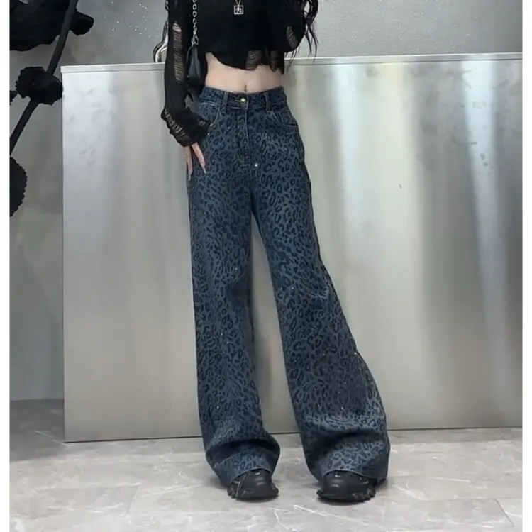 Aimeerosa/艾洛莎牛仔裤时尚百搭长裤秋季新款时尚烫钻直筒阔腿裤