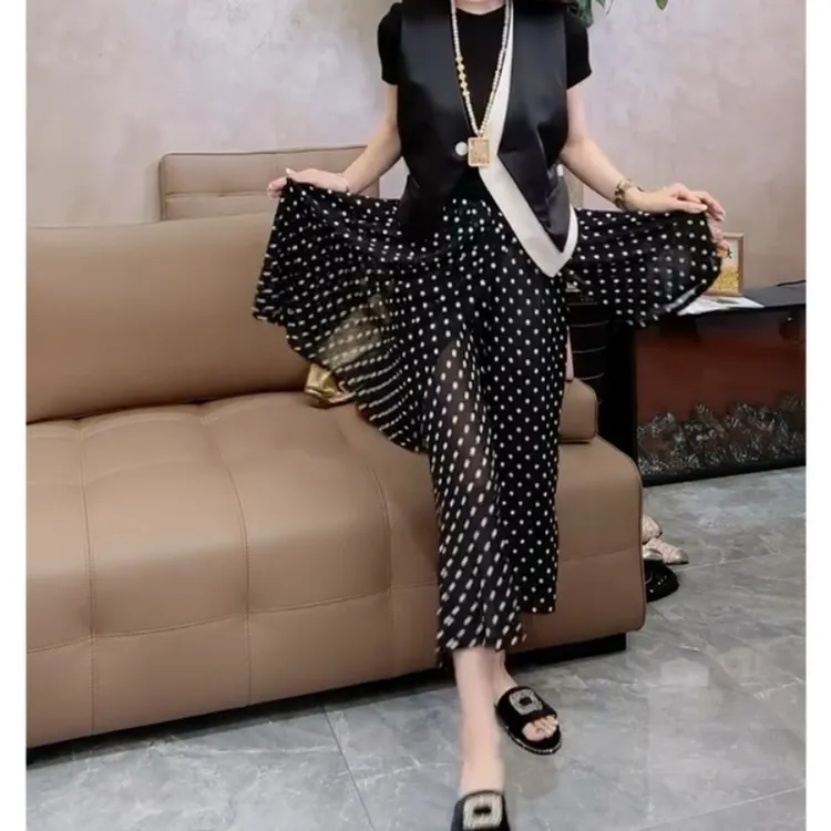 Aimeerosa/艾洛莎休闲裤新中式复古印花夏季高级减龄显瘦八分裙裤