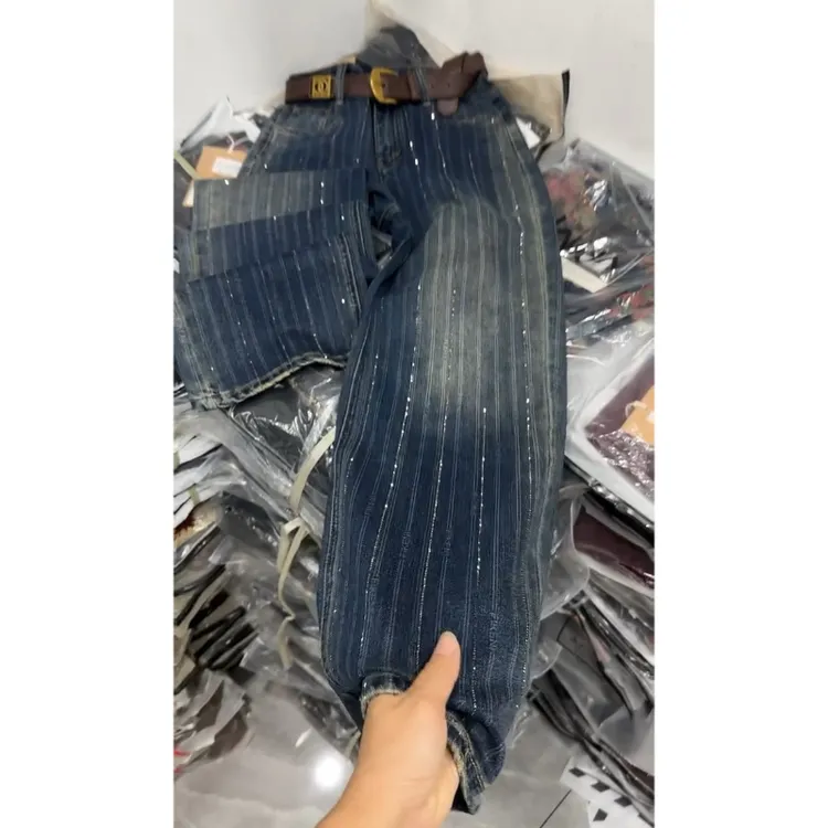 Aimeerosa/艾洛莎秋季牛仔裤高腰显瘦长裤时尚竖条烫钻