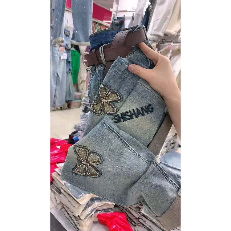 Aimeerosa/艾洛莎牛仔裤女士哈伦夏季新款高腰显瘦刺绣烫钻九分裤