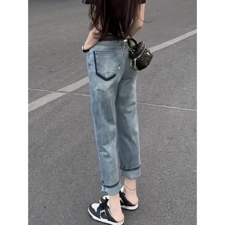 Aimeerosa/艾洛莎大码装2024年夏季直筒窄版牛仔裤子女烟管阔腿裤
