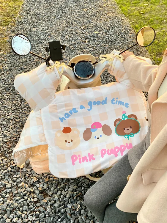 麦几酱酱美拉德格子冬季电动车挡风被保暖加厚内里加绒防风被原创