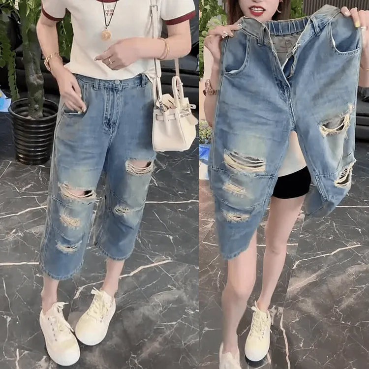 Aimeerosa/艾洛莎破洞七分牛仔裤女夏季大码潮流百搭弹力直筒裤子