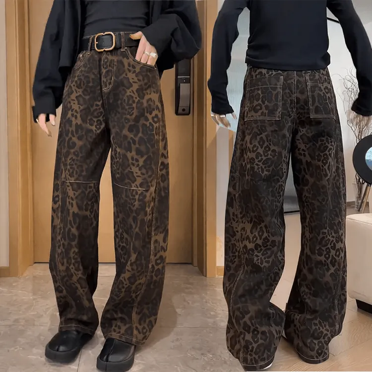 Aimeerosa/艾洛莎2025秋季新款时尚大码窄版豹纹弯刀阔腿牛仔裤女