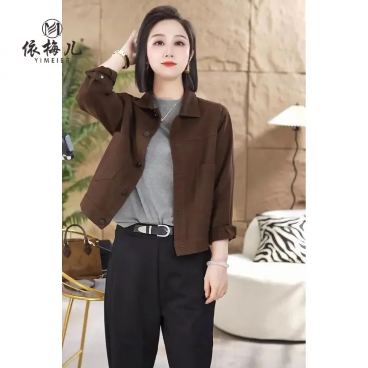 秋冬加厚夹棉时尚亮色牛仔上衣女显瘦大口袋女外套气质深色外套