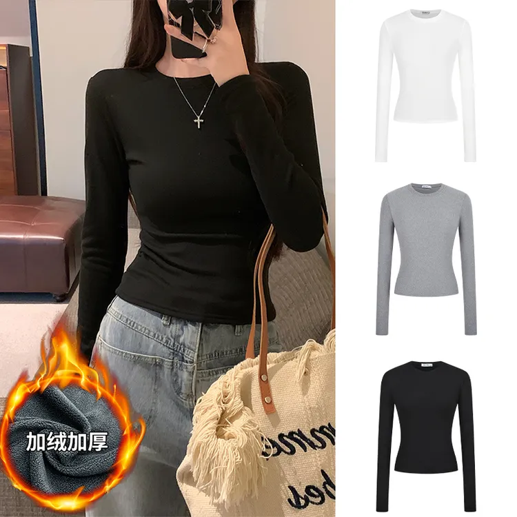 Moses Queen/魔西女王一体绒修身圆领打底衫掐腰锁温显瘦长袖T恤