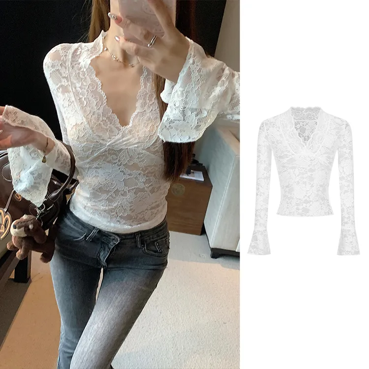 Moses Queen/魔西女王设计感性感V领收腰显瘦蕾丝衫纯欲修身上衣