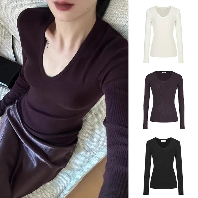 Moses Queen/魔西女王法式内搭紫色U领针织修身显瘦掐腰打底衫