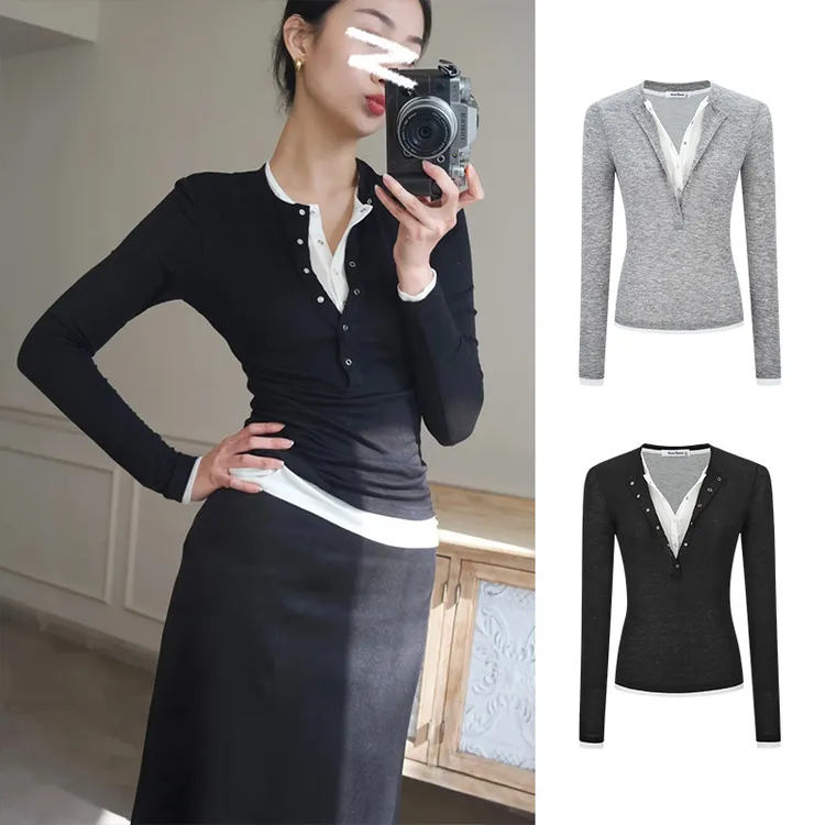 Moses Queen/魔西女王半开领撞色上衣拼接两件套女内搭修身长袖T