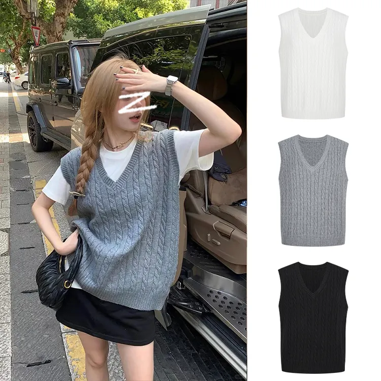 Moses Queen/魔西女王叠穿针织马甲上衣女坎肩V领麻花毛衣背心秋