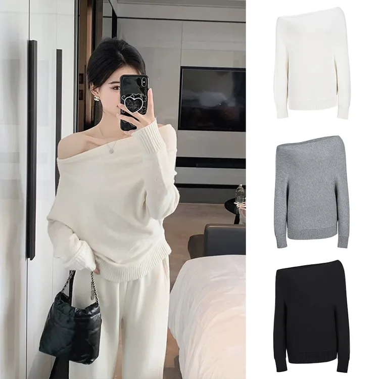 Moses Queen/魔西女王时尚设计感小众针织衫慵懒风斜肩毛衣女秋冬