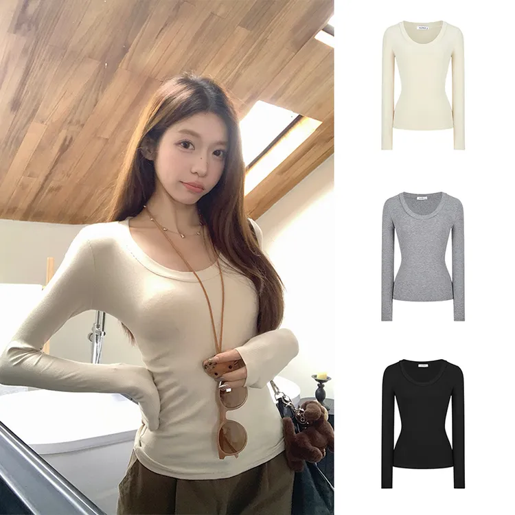 Moses Queen/魔西女王纯欲辣妹心机打底衫U领白色长袖T恤春秋上衣
