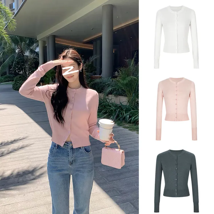 Moses Queen/魔西女王百搭圆领针织开衫女春秋修身短款长袖上衣