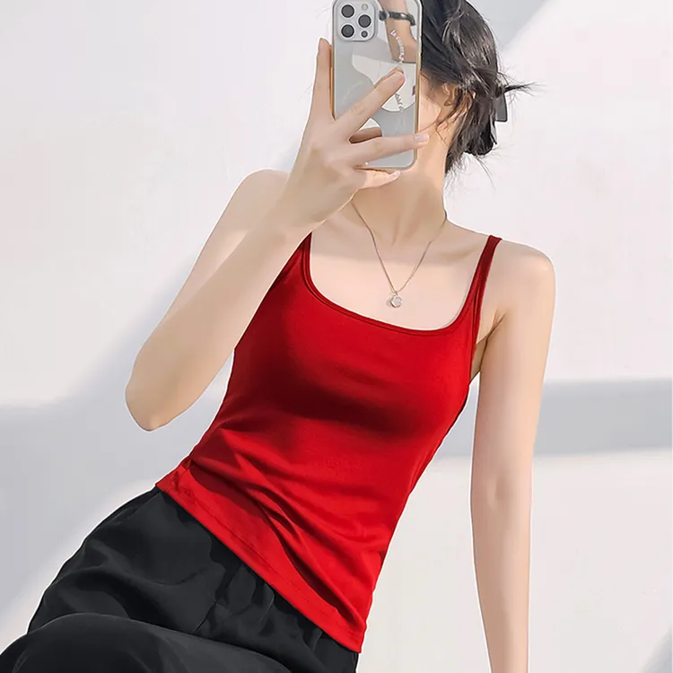 乳胶胸垫 大领口方领吊带背心女 夏季外穿美背 免穿文胸打底上衣