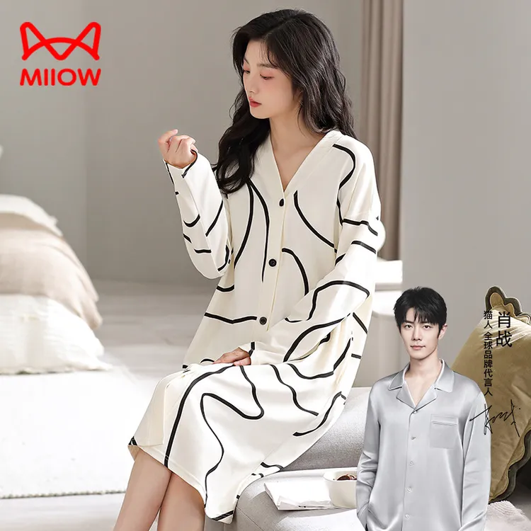 猫人睡裙春秋季女士纯棉长袖开衫大码长款过膝连衣裙家居服