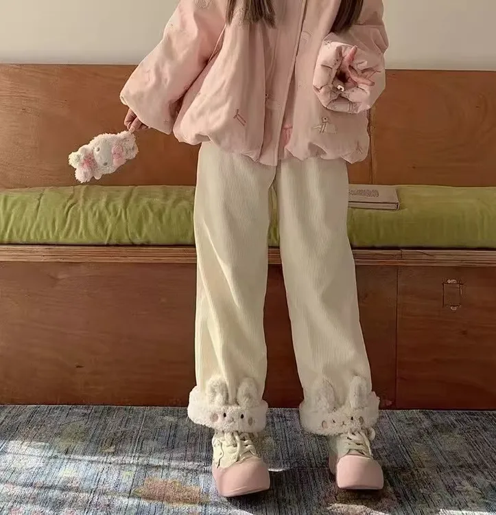 甜美萌妹可爱兔子卷边灯芯绒阔腿裤女加绒加厚秋冬直筒宽松裤子