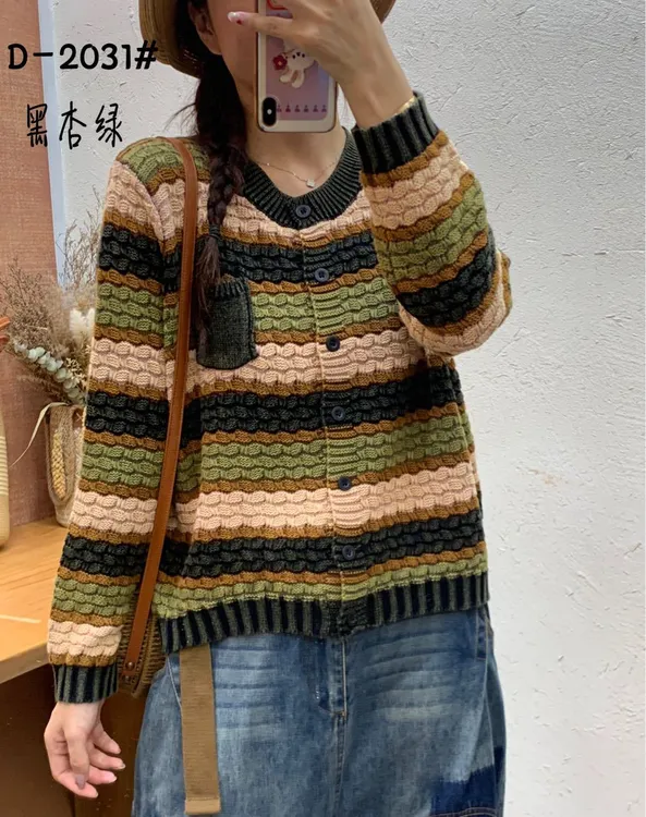 秋款炒色复古针织毛衣开衫宽松两穿欧