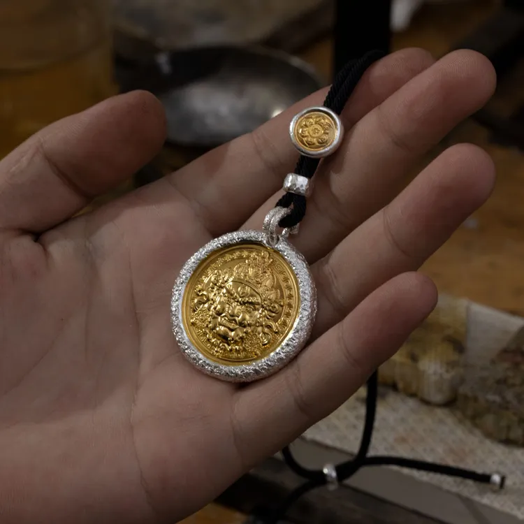 足银银制品 【黄财神38克大号】两面贴金足银999黄财神实心手工吊坠
