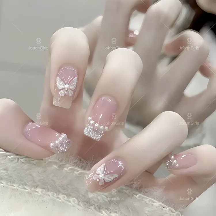 JohonGirls'/琴岛小嫚【仙女蝴蝶】气质美甲手工穿戴甲珍珠蝴蝶显白