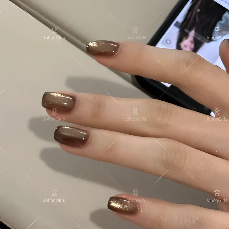 JohonGirls'/琴岛小嫚【焦糖摩卡】气质玻璃珠猫眼美甲手工穿戴甲