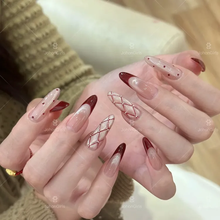 JohonGirls'/琴岛小嫚【酒红格纹】手工格纹法式猫眼设计轻奢穿戴甲