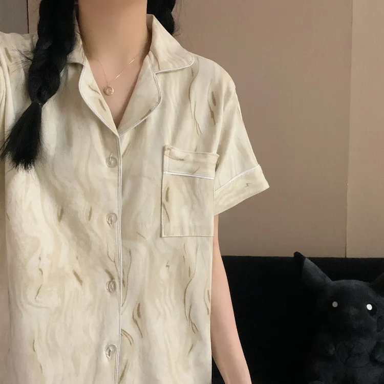 2024新款网红风白玉流纹睡衣女短袖短裤长裤三件套宽松休闲家居服