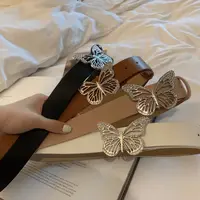 馨帮帮时尚立体蝴蝶装饰PU皮带复古百搭简约宽边可调节针孔腰带女