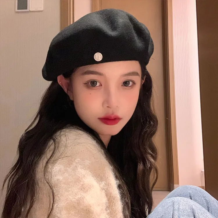 【uu潮人馆】网红简约毛呢黑色贝雷帽女2024新款秋冬款大头围帽子