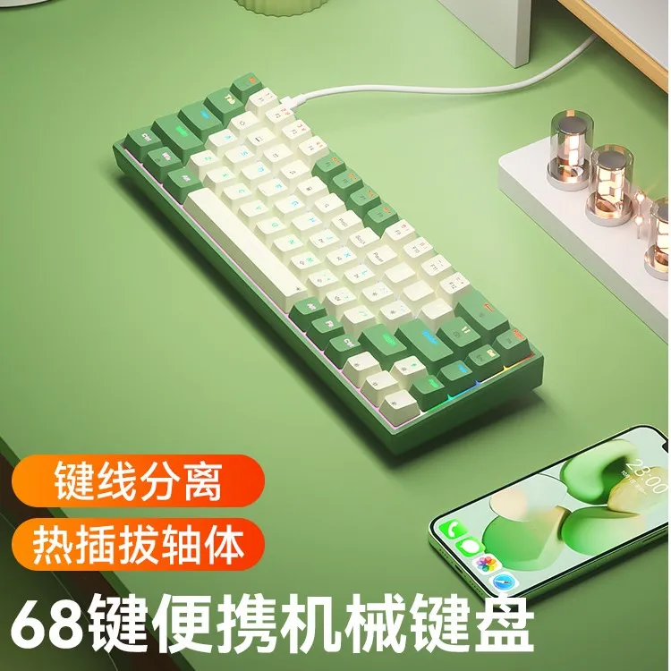 B.O.W热插拔小型68键机械键盘游戏有线电竞便携键线热插拔轴游戏