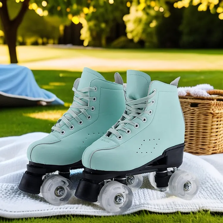 厂家批发外卖新款薄荷绿双排溜冰鞋成年旱冰鞋四轮滑闪光冰鞋男女