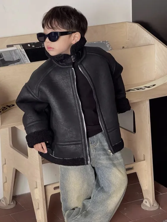 冬季男女童皮毛一体机车皮衣潮酷帅新款休闲羊羔绒加绒皮衣